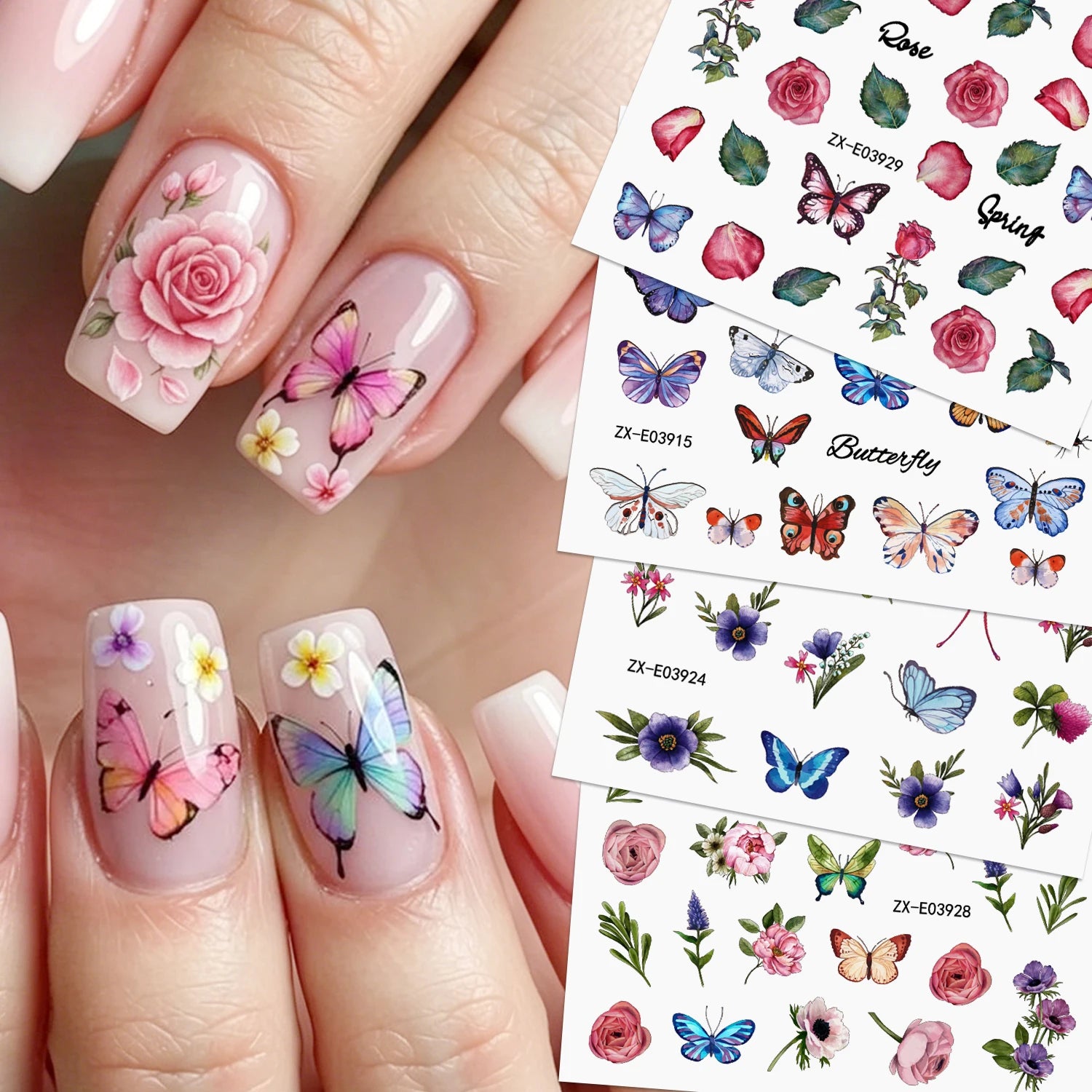 30PCS Spring Butterfly Floral Nail Art Stickers 3D Cute Sunflower Rose Cherry Blossom Adhesive Nail Decals Summer  Nail Sliders