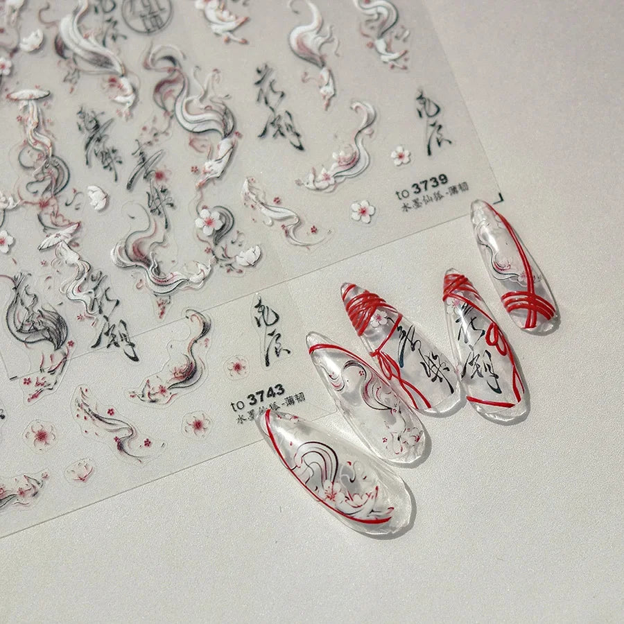 5D Kawaii Ink Wash Fairy Fox Dragon Loong Nail Art Stickers Cartoon Star Animals Backglue Nail Decoration Decals Accessories