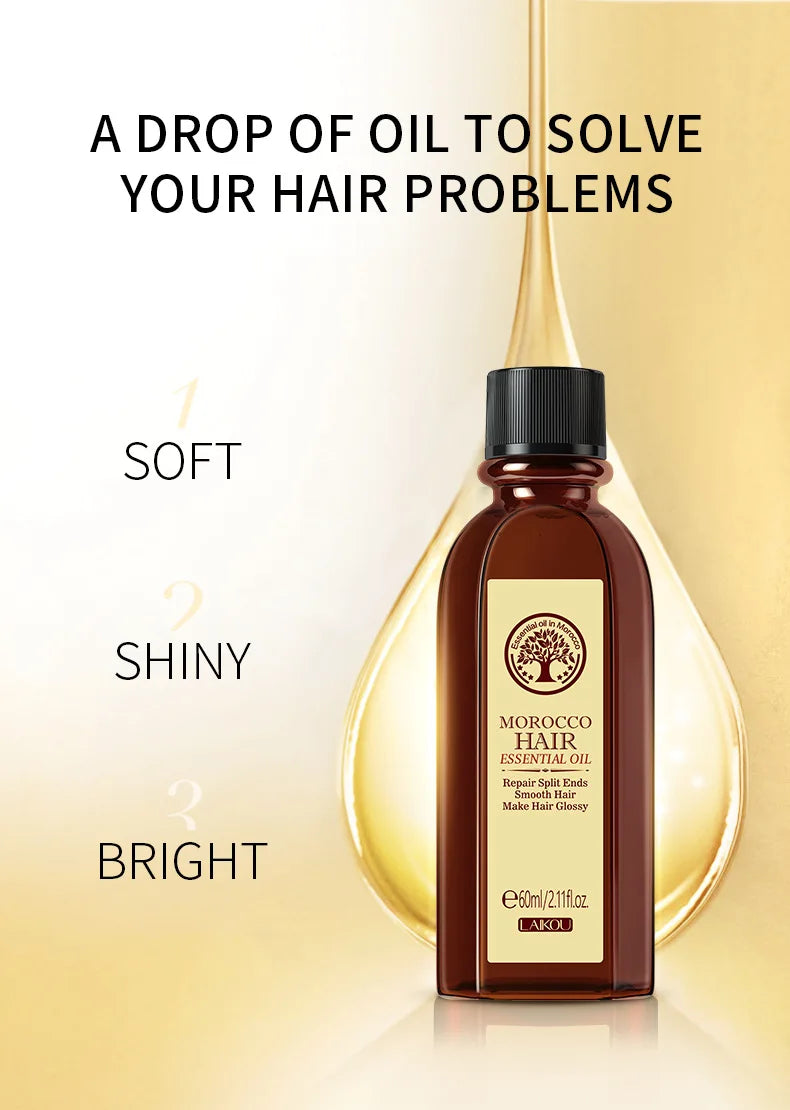 Laikou Morocco Hair Essential Oil 60ml Repair Damaged Hair Anti Frizz Nourishing Smoothing Argan Oil For All Hair Types