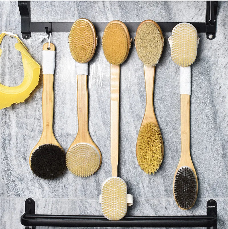 Shower Brush with Soft and Stiff Bristles, Long Handle Back Scrubber Body Exfoliator for Wet or Dry Brushing