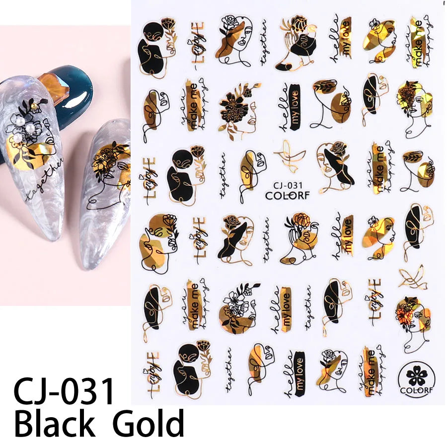 Shiny Gold Star Moon Sun Nail Stickers for Manicure Accessories Heart Feather Animals Printing Self Adhesive Nail Wrap