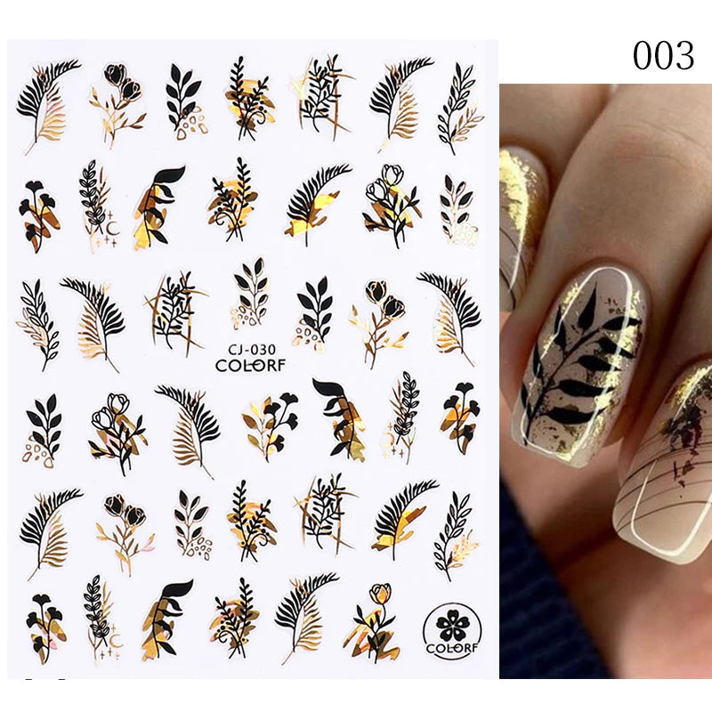 3D Nail Stickers Bronzing Gold Silver Lines Stripe Geometric Design Flowers Gradient Adhesive Slider Papers Nail Art Accessories