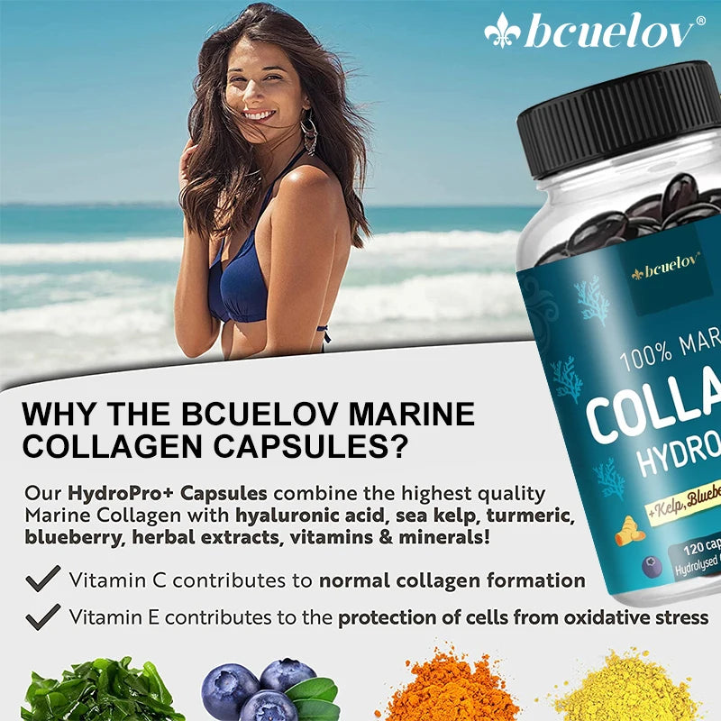 Potent Marine Collagen - with Kelp, Blueberry & Turmeric - 1400mg Hydrolyzed Collagen Supplement for Healthy Hair, Skin & Nails