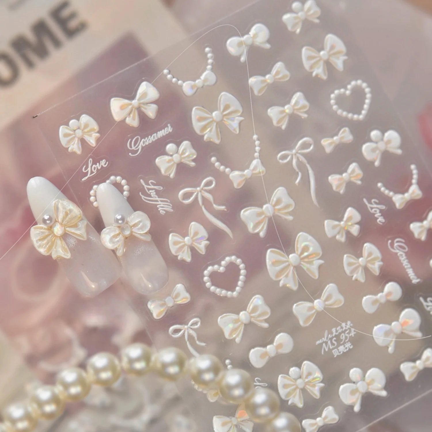 White Pearl Bow French Polka Dot Bow Pearl Heart Pearl Chain 5D Nail Stickers Self-Adhesive Nail Decal Manicure Decor for Women