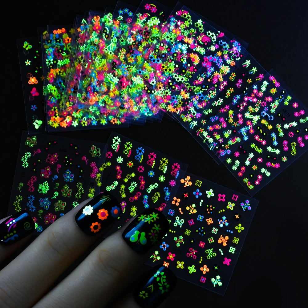 24/30pcs 3D Neon Summer Nail Stickers Set Colorful Daisy Flowers Leaves Nail Art Sticker Fluorescence Floral Adhesive Decoration