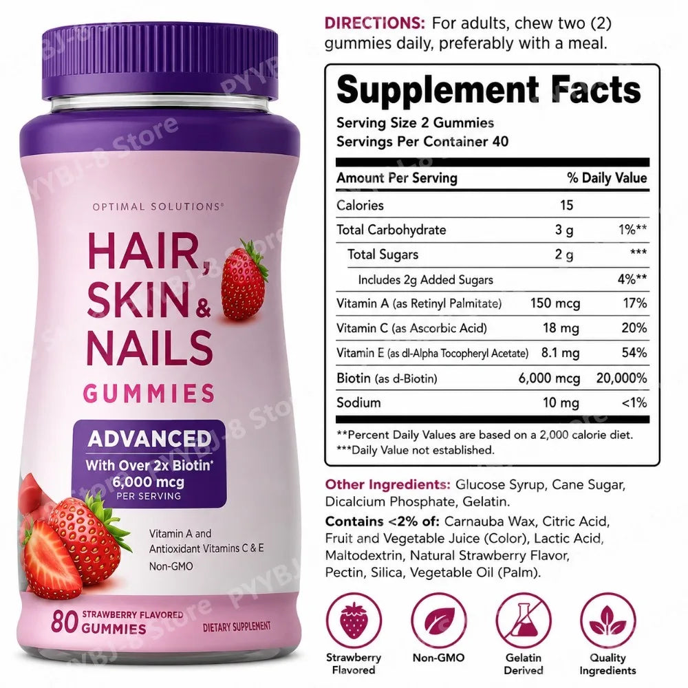 Biotin Gummie Strawberry Flavor with 6000Mcg Biotin & Vitamin Support Healthy Hair Skin and Nails 80pcs Nutritional Supplement