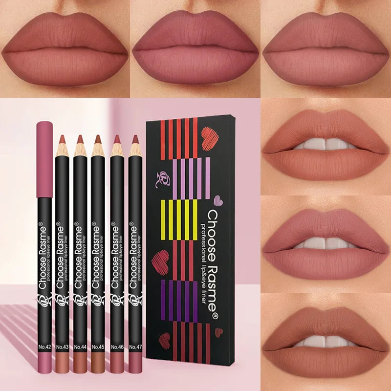 6-Color Plump Lip Liner Set, Soft, Bright, Rich, Silky, Smooth, Delicate, Waterproof, Easy Makeup, Portable Lipliner