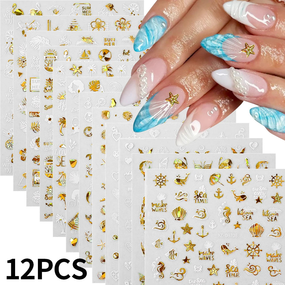 12Pcs 3D Laser Gold Silver Sun Star Moon Nail Stickers Y2K Snake/Starlight/Heart Adhesive Decals DIY Bronzing Nail Sliders