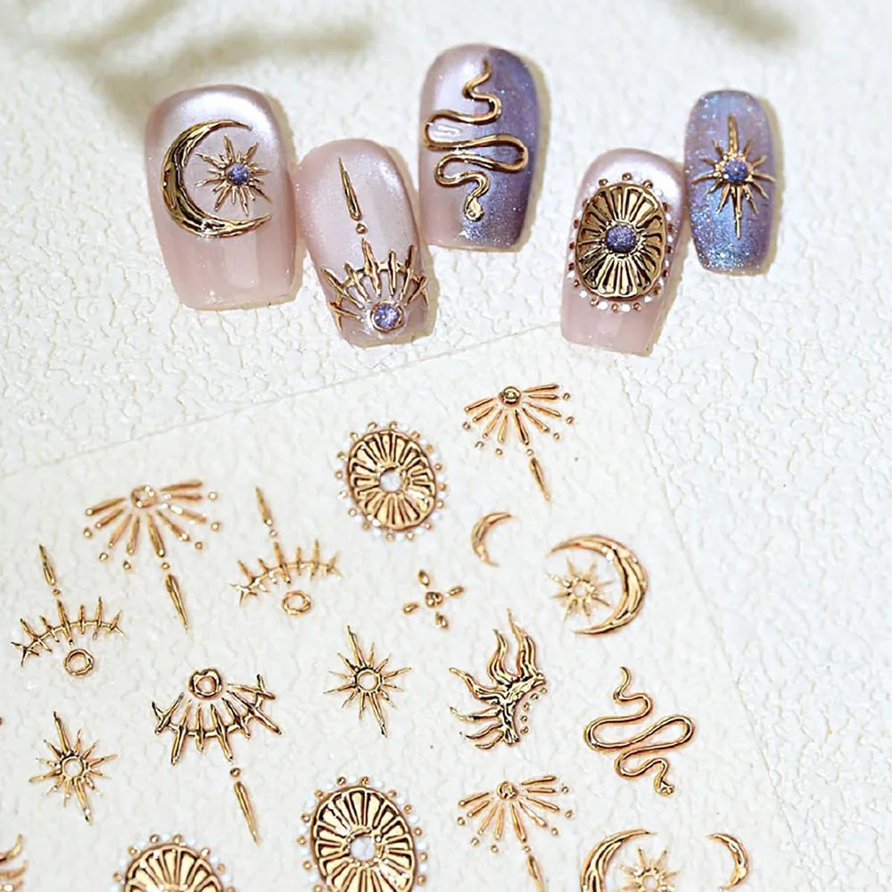 Gold Silver Snake Stars Nail Stickers for Nail Decoation Decals 5D Self-Adhesive Bronzing Stars Moon Totem DIY Supplies Slider