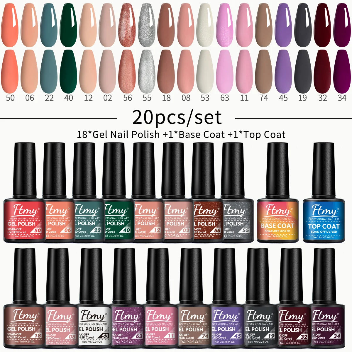 20pcs 7ml Gel Nail Polish Set Popular ColorGel Polish Soak Off UV LED Semi-PemmanentNail Gel Polish Manicure Varnish Dly Starter