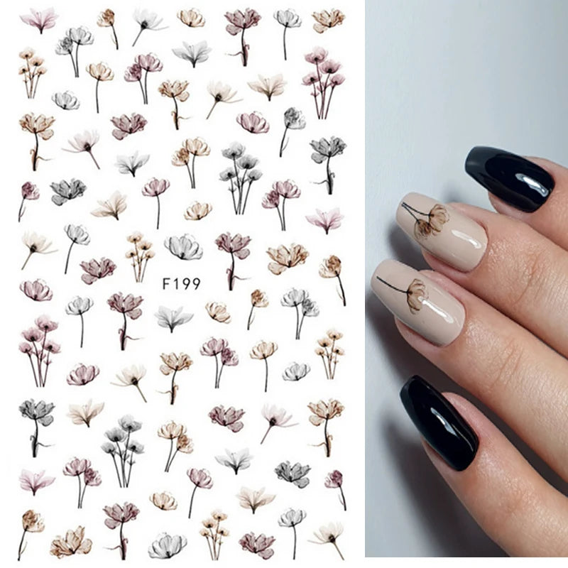 3d Nail Art Decals Geometric Lines Daisy Sunflowers Letters Adhesive Sliders Nail Stickers Decoration For Manicure
