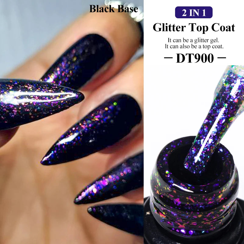 MEET ACROSS 7ml Dark Color Glitter Top Coat Gel For Nails Brocade Powder 2 In 1 Chameleon Nail Art Gel Varnish Manicure