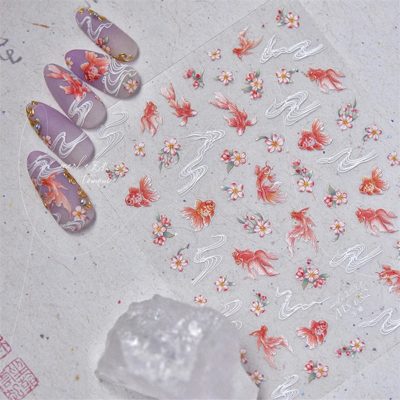 5D Rich Goldfish Nail Stickers Lotus Carp Ribbons Nail Art Appliqués Handmade Creative Nail Art Decorations