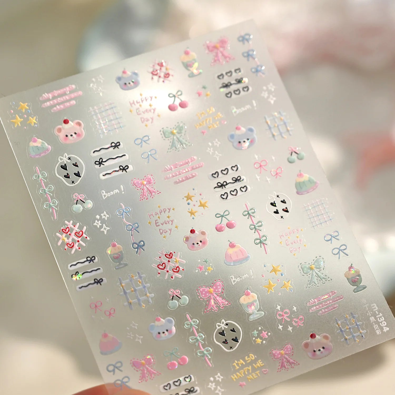 5D Pink Blue Bear Dessert Cake Pudding Candy Cane Heart English Slogan Nail Art Stickers Cute Baby Bear Party Embossed Decals