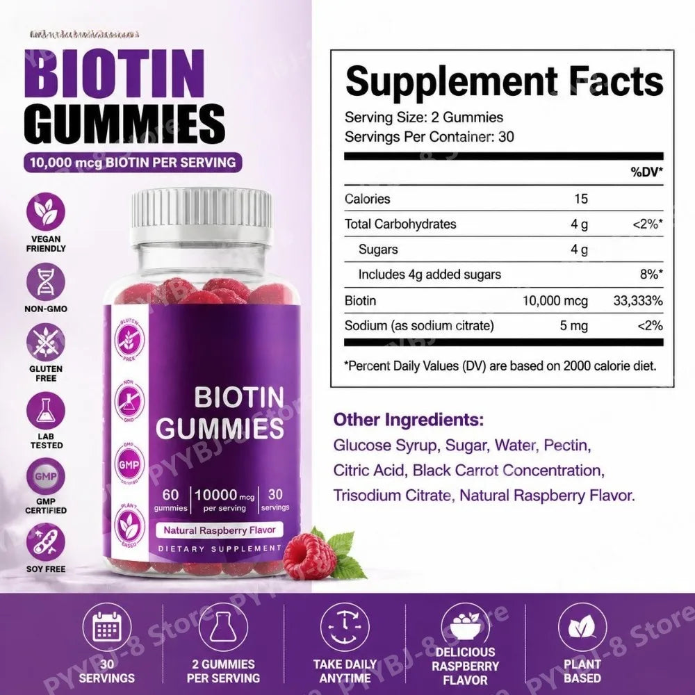 Biotin Gummies with Vitamin Vegan Gluten Free Soy Free Natural Raspberry Flavor Support Hair, Nail, and Skin Health 60 Gummies
