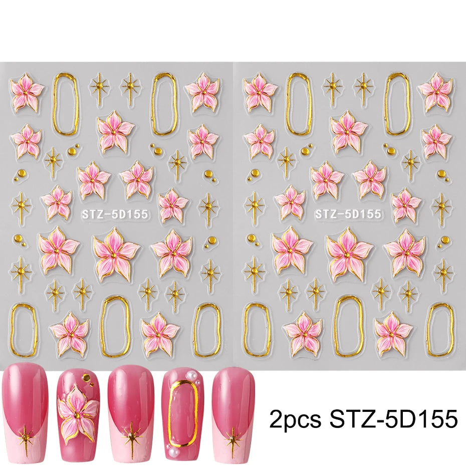 2pcs Embossed Hibiscus Flower Nail Art Sticker Pink Flower With Golden Metal Ring Charm Self-Adhesive Decals Manicure Decoration