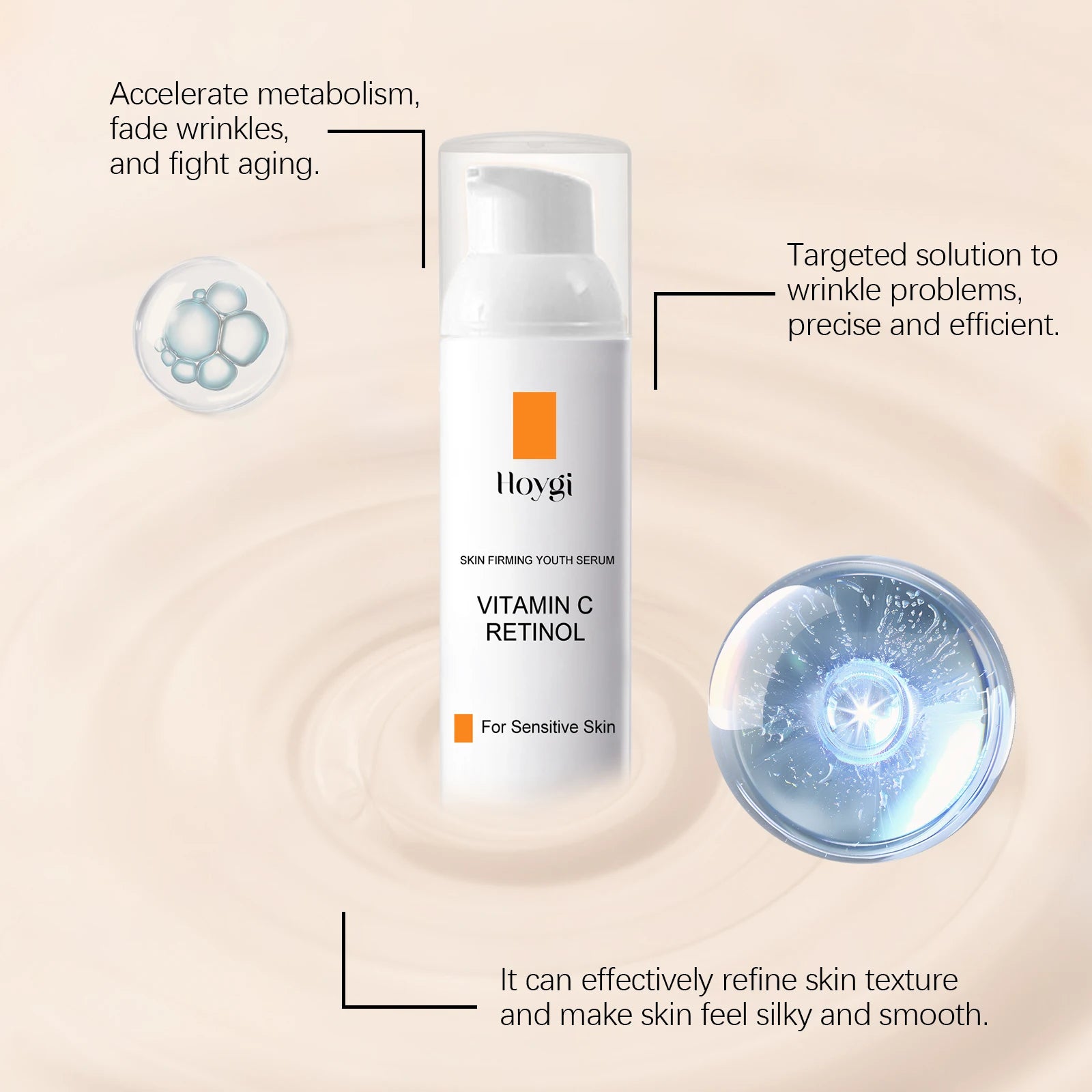 HOYGI Vitamin C Retinol Serum Shrink Pores Fade Fine Line Improve Dark Spot Skin Brightening Moisturizing Smooth Daily Care 50ml
