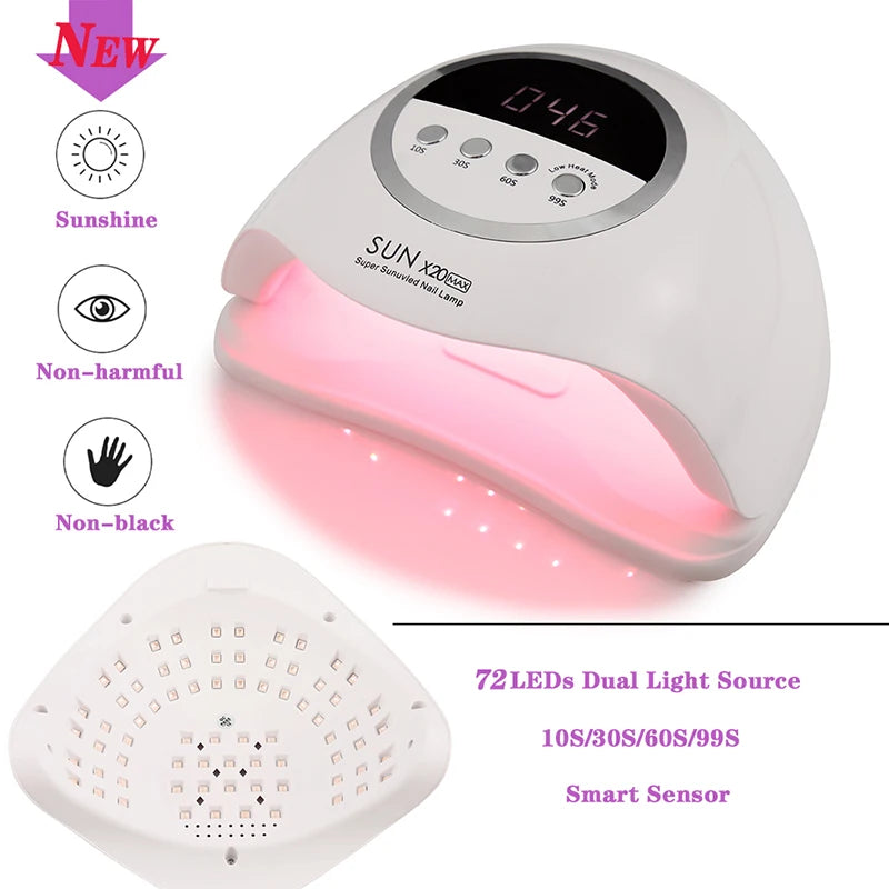 SUN X20MAX Nail Dryer Machine 72 LEDs UV LED Lamp for Nails Gel Polish Curing Manicure Lamp 10/30/60/99s Timer LCD Display