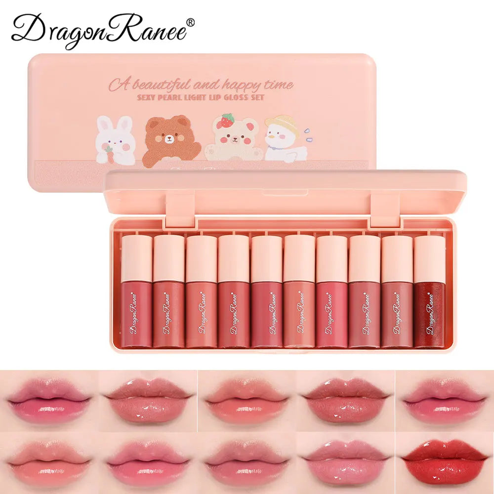 10-Color  Cute Cartoon Mini Mirror Lip Gloss Set, Moisturizing Lip Gloss, Long-Lasting, Fades Lip Lines, Touch-Ups Lipstick