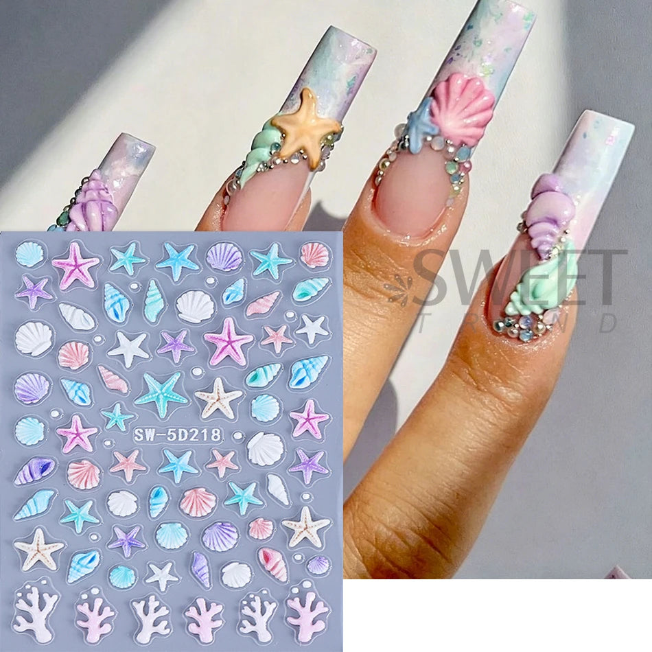 2pcs Ocean Animals Nail Art Stickers 5D Embossed Starfish Seashell Conch Coral Nail Decals DIY Summer Manicure Decoration Slider