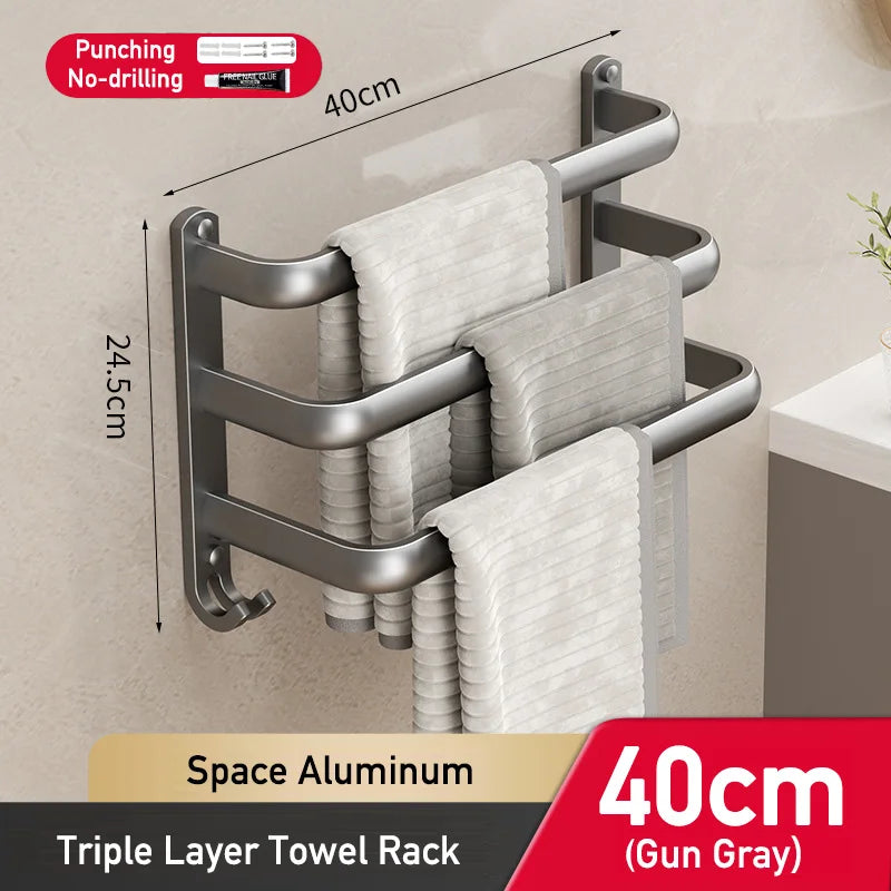 Space Aluminum Multi Rod Towel Bar Bathroom Accessories Wall Hanging Towel Holder Hanger Bath Room Shelf with Hooks Towel Rail