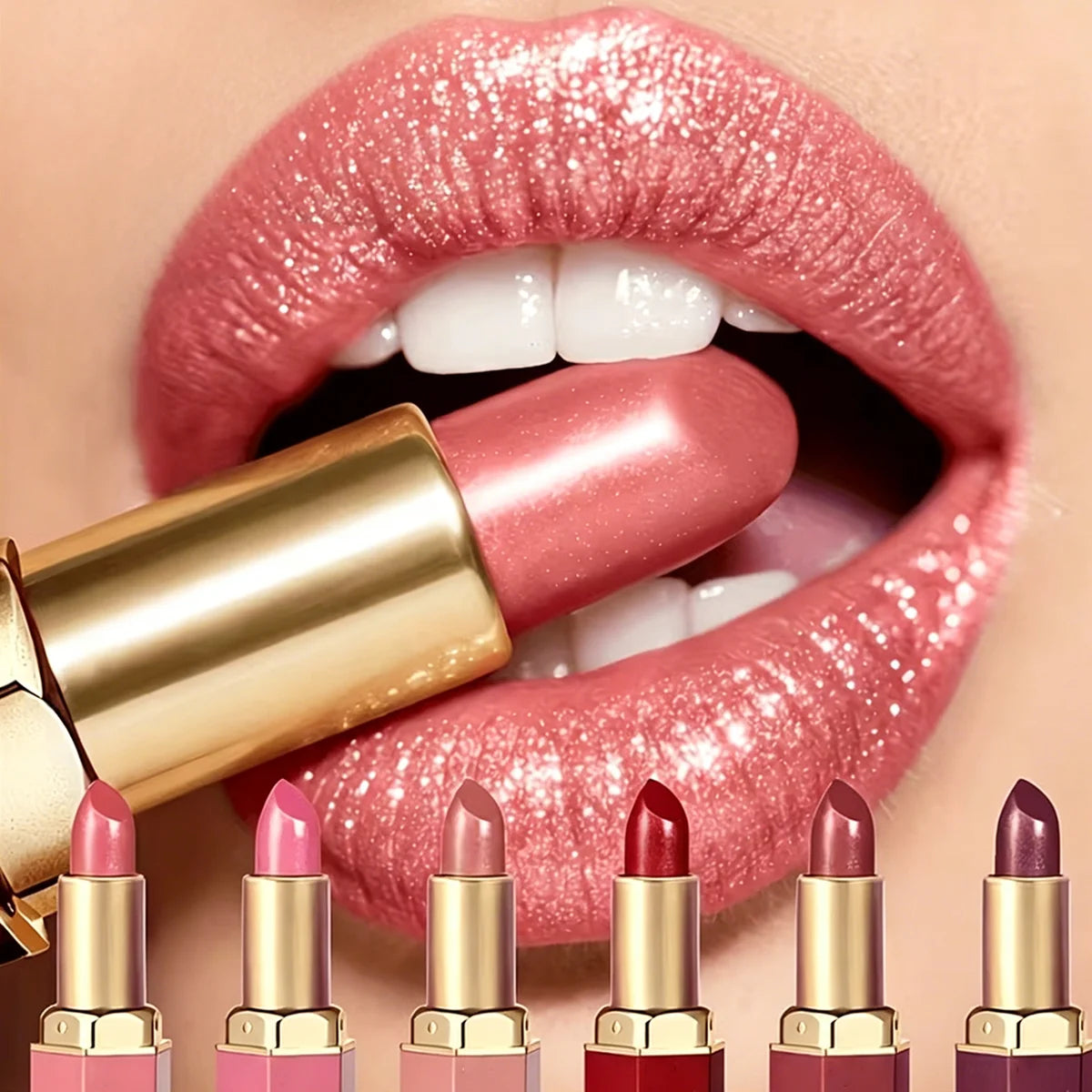 6 Colors Gold Bar Tube Lipstick Matte Texture Pearlescent Glitter Velvet Lipstick Valentine's Day Gift 1PCS