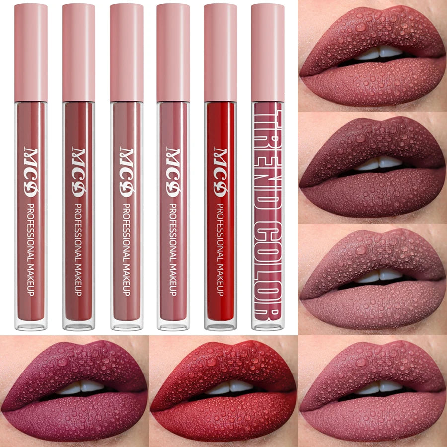 6pcs Colors Matte Velvet Lip Gloss Waterproof Sexy Red Liquid Lipstick Nude Rose Red Pink  Lips Tint Makeup Lip Glaze Cosmetics Red Lip Stain Beauty Lip Cosmetic for Women Gifts