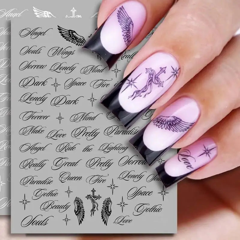 Angel Wings Letter Nail Stickers Black White 3D Alphabet Mixed Patterns DIY Nail Art Decoration for Nails