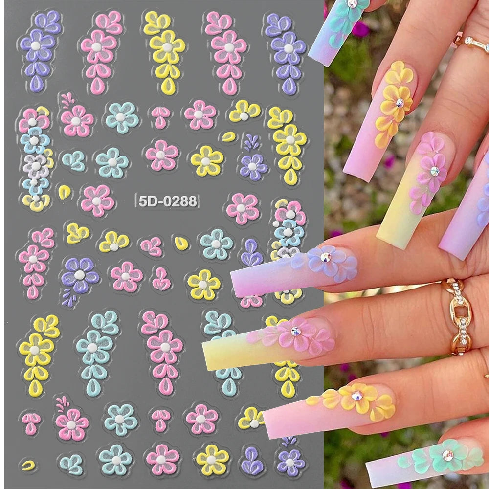 5D Pink Blue Floral Nail Art Stickers Petals Leaf Plant Embossed Nail Decals Spring Summer Flower Design for DIY Nail Supplies