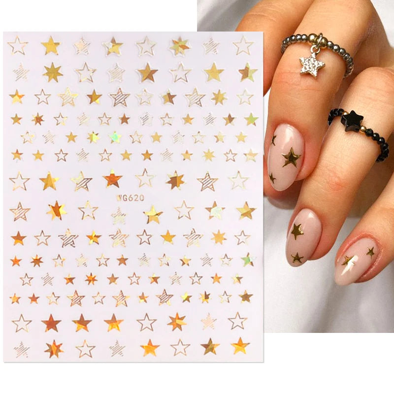 Shiny Gold Star Moon Sun Nail Stickers for Manicure Accessories Heart Feather Animals Printing Self Adhesive Nail Wrap