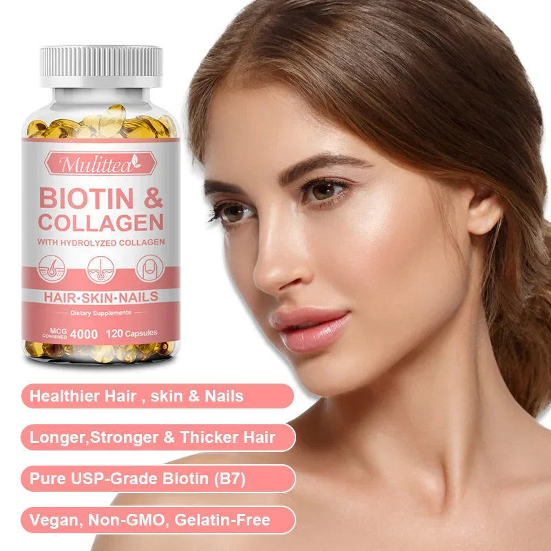 Mulittea Biotin &Collagen Capsules For Healthy Nails Hair Growth Strong Hair Dry Hair  Smooth Skin Hydrating Antioxidant