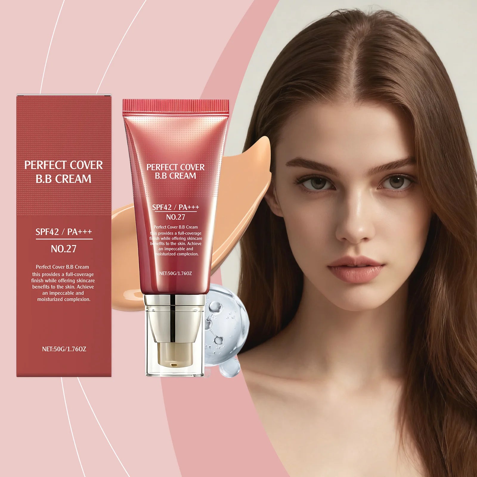 BB Cream SPF 42 PA +++ Tinted Moisturizer for Face Full Coverage Concealer Liquid Foundation Makeup for Dark Circles Fine Lines