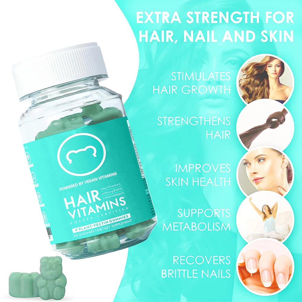 Premium Vegan Hair Vitamins Supplement - Hair, Skins & Nails Collagen & Biotin Gummies, Hair Growth Fast Gummy for Men & Women