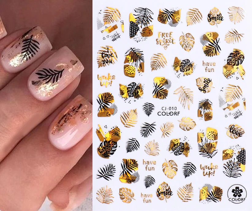 Shiny Gold Star Moon Sun Nail Stickers for Manicure Accessories Heart Feather Animals Printing Self Adhesive Nail Wrap