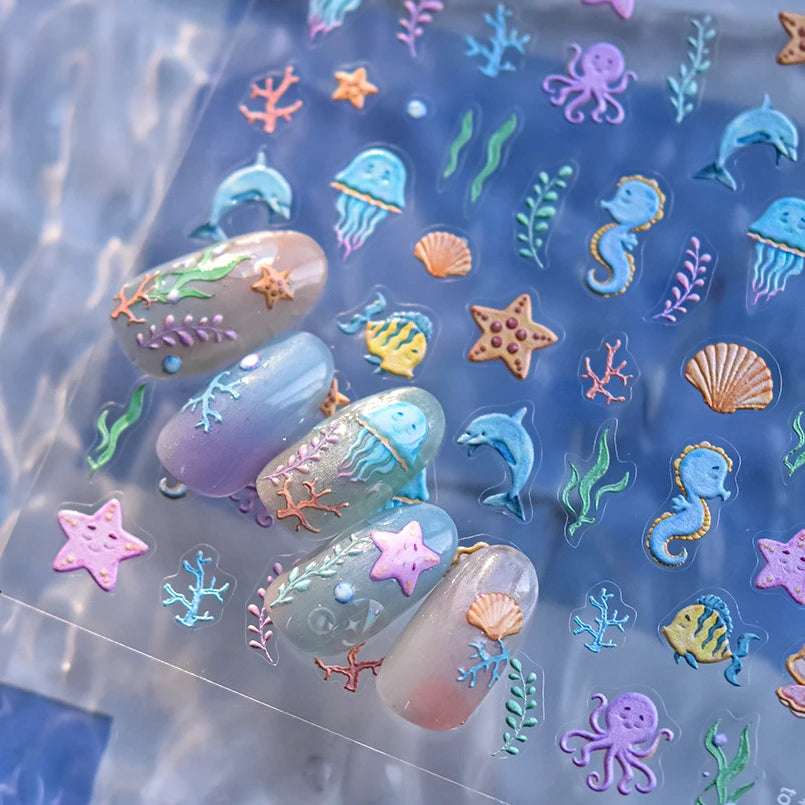1 piece of 5D marine life nail stickers coral dolphin jellyfish shell conch starfish sea soft relief decorative nail art sticker