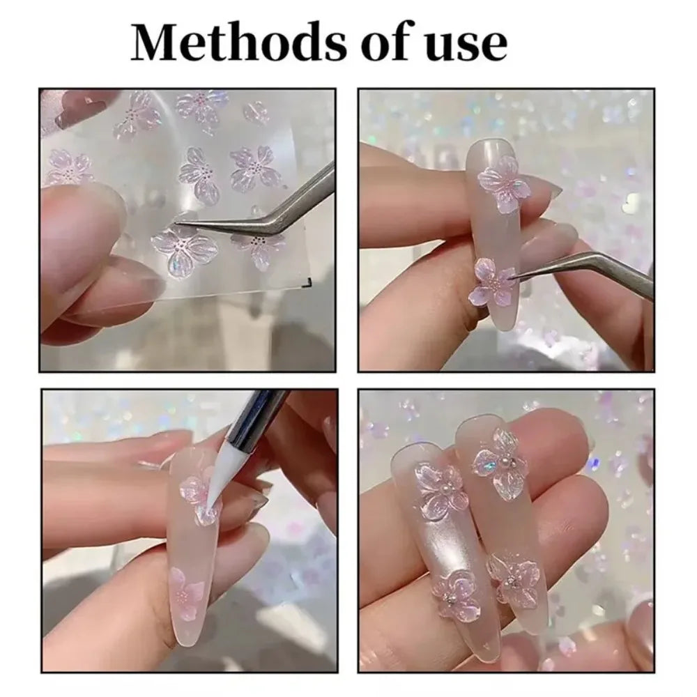 TSZS 3D Lovely Spring Flower Nail Art Stickers Pink White Crystal Flower Kpop Bow Ribbon Nail Decals