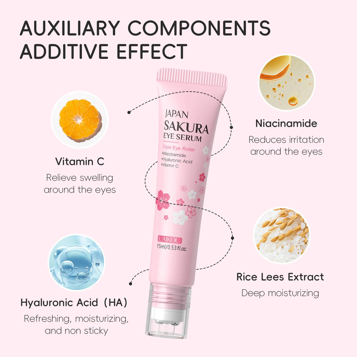 LAIKOU Sakura Anti- Wrinkle Eye Cream With Roller Ball Quick Drying Hydrating Hyaluronic Acid Refreshing Eye Serum 15ml