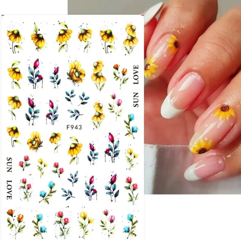 3D Flower Petal Nail Stickers Purple Pink Tulip Leaf Clover Summer Avocado Fruit Geometric Line Floral Manicure Decoration