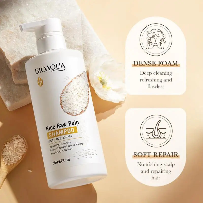 500ML Rice Puree Shampoo Refreshing Anti Dandruff Anti Itch Oil Control Nourishing Fluffy Hair Deep Cleaning Hair Shampoo
