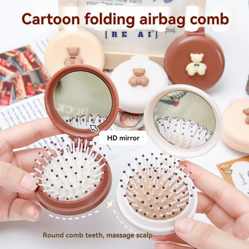 Cute Cartoon Little Bear Folding Comb For Little Girls Portable Mini Air Cushion Comb Massage Small Comb Mirror Integrated