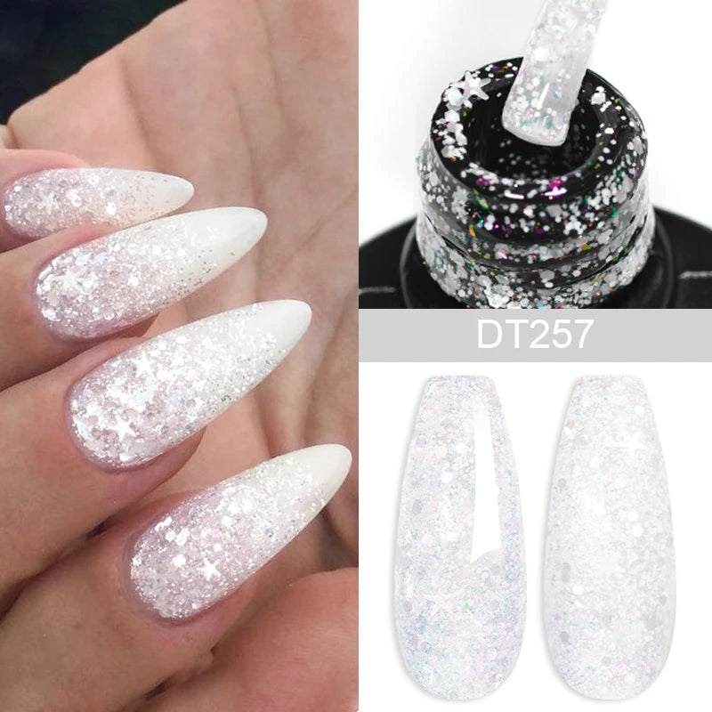 MEET ACROSS 7ml Dark Color Glitter Top Coat Gel For Nails Brocade Powder 2 In 1 Chameleon Nail Art Gel Varnish Manicure