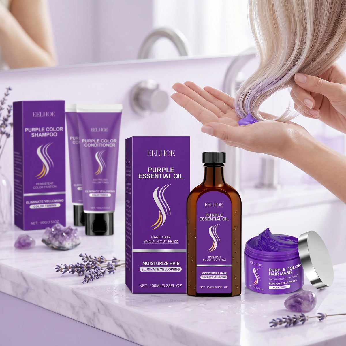 EELHOE Purple Shampoo Removing Yellowing Moisturizing Anti-Fading Hairs After Bleach Repair Dry Color Correcting Hairs Mask Set
