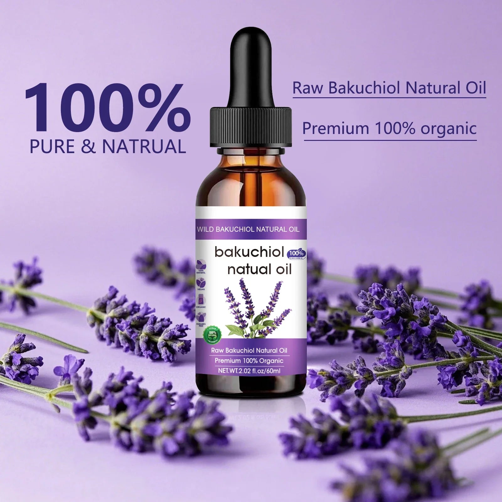 Bakuchiol Anti-Aging Face Oil 60ml - Natural Retinol Alternative with Lavender, Promotes Glowing, Youthful-Looking Skin.