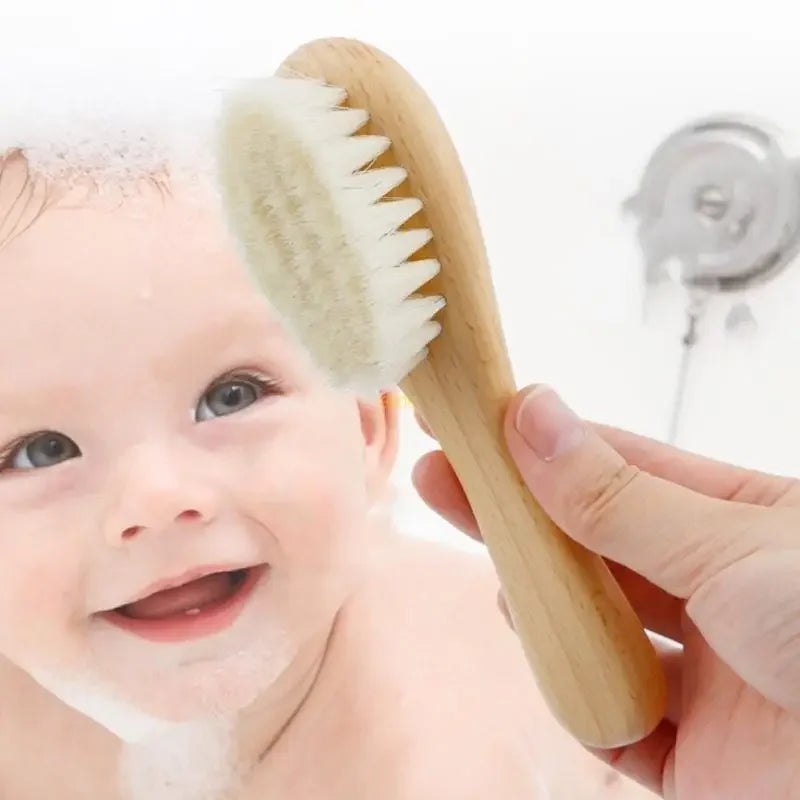 Wooden Hair Brush & Comb Set Natural Goat Bristle Baby Hair Brush Infant Body Massage Brush Soothing Brush Travel Brush