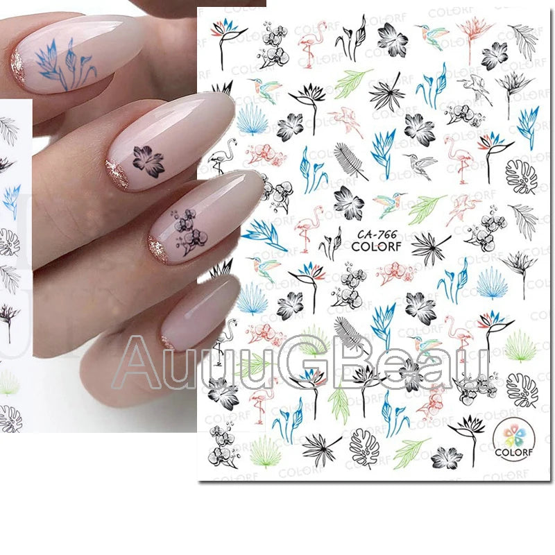 3d Nail Art Decals Geometric Lines Daisy Sunflowers Letters Adhesive Sliders Nail Stickers Decoration For Manicure