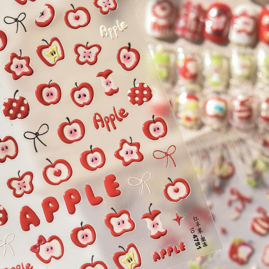 Shiny Attractive Apple Core Peel Cute Fruits Bowknot Tie Star Self Adhesive Nail Art Stickers Charming Rhinestone Manicure Decal