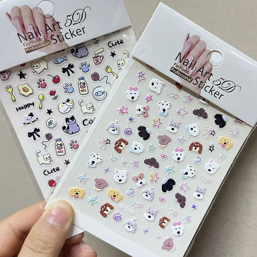 2pcs/Set Happy Dog Nail Decorative Stickers 5D Embossed Cute Cartoon Corgi Pomeranian Puppy Nail Decals DIY Animal Manicure Deco