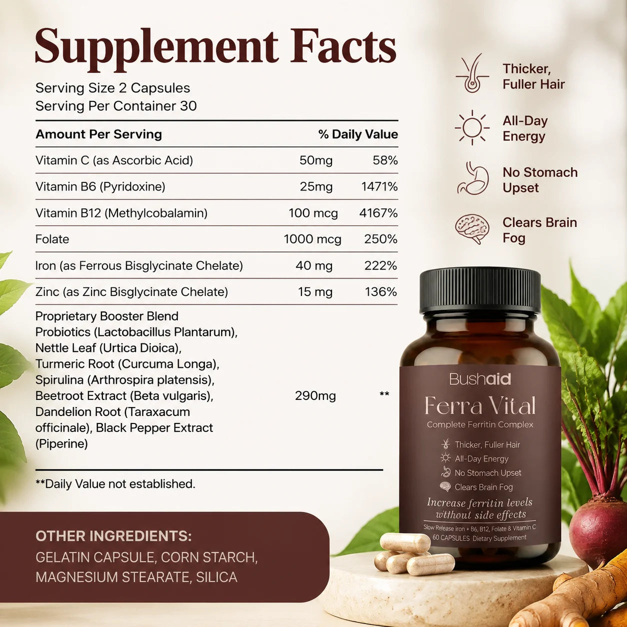 BushAid Ferra Vital Ferritin Complex with Iron Zinc Vitamins B6 B12 Supports Hair Shine Energy Focus Scalp Wellness 60 Capsules