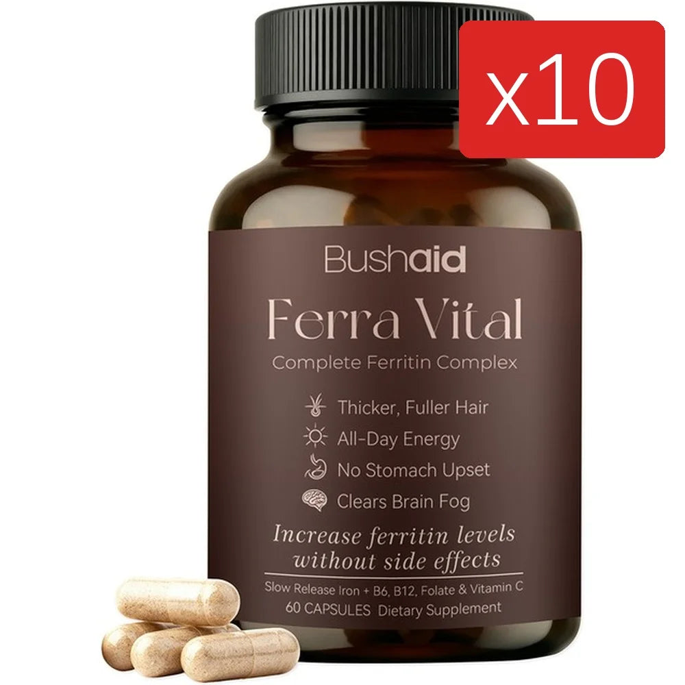 BushAid Ferra Vital Ferritin Complex with Iron Zinc Vitamins B6 B12 Supports Hair Shine Energy Focus Scalp Wellness 60 Capsules