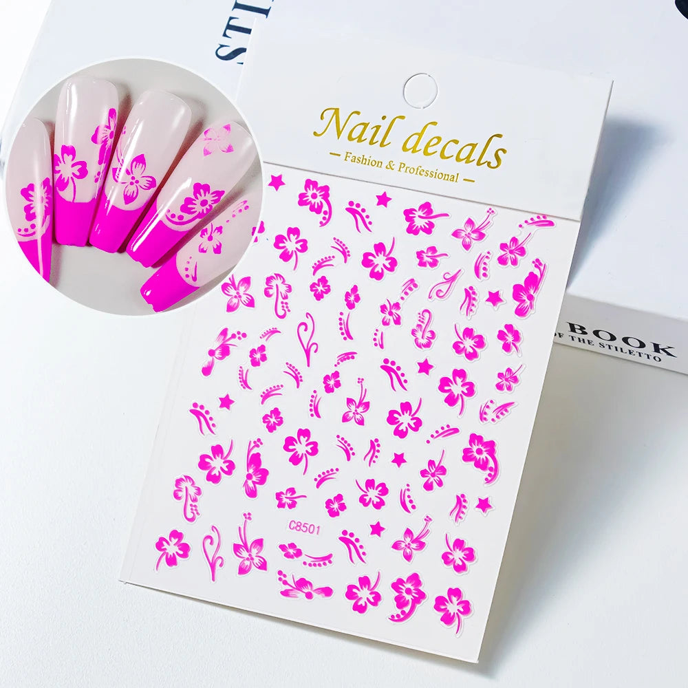 1pc 3D White Hibiscus Flower Nail Art Stickers 8 Colors Hollow Petal Flower Nail Decal Exquisite Gold/Silver/Black Floral Slider